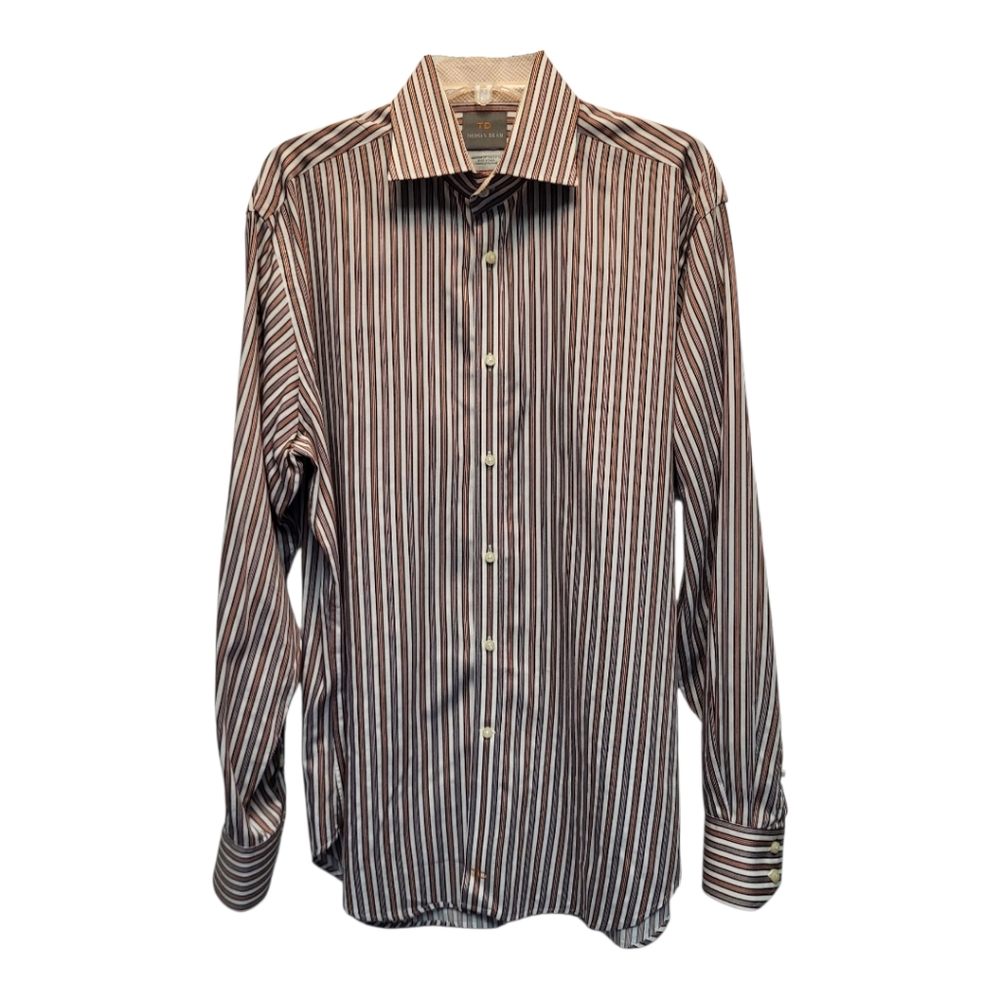 Thomas Dean Men's Cream Orange Blue Striped Button Down Shirt - Size L